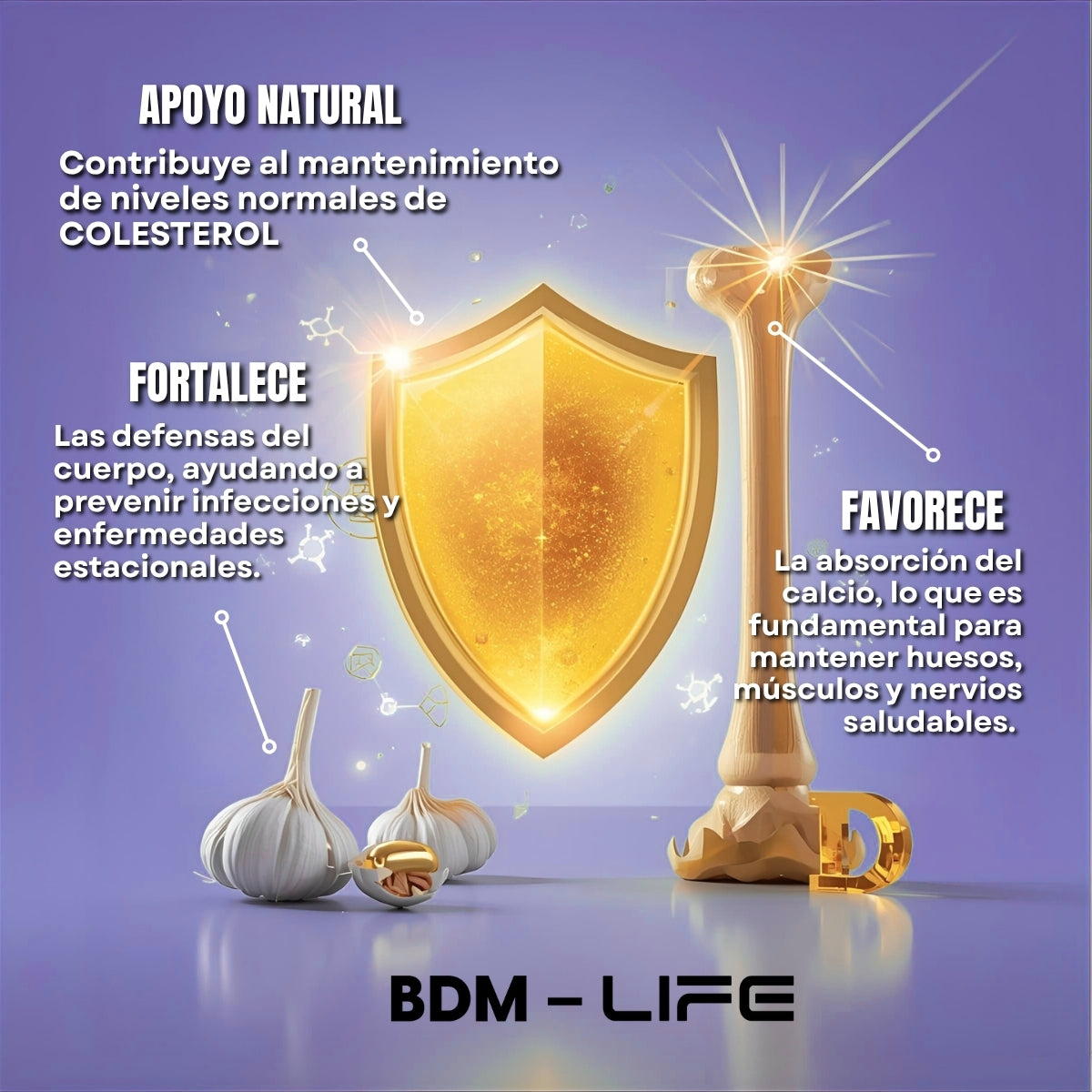 BDM-LIFE Ajo y Vitamina D3, Adicionado con Vitamina E, Suplemento Alimenticio, 60 Cápsulas, Apoyo al Bienestar y Salud Cardiovascular