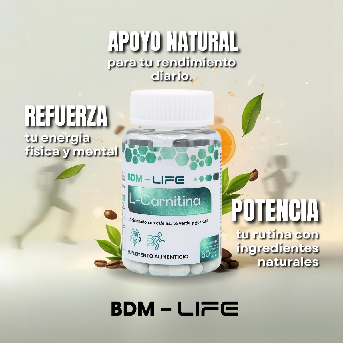BDM-LIFE L-Carnitina con Cafeína, Té Verde y Guaraná, Energía y Metabolismo, Suplemento Alimenticio, 60 cápsulas