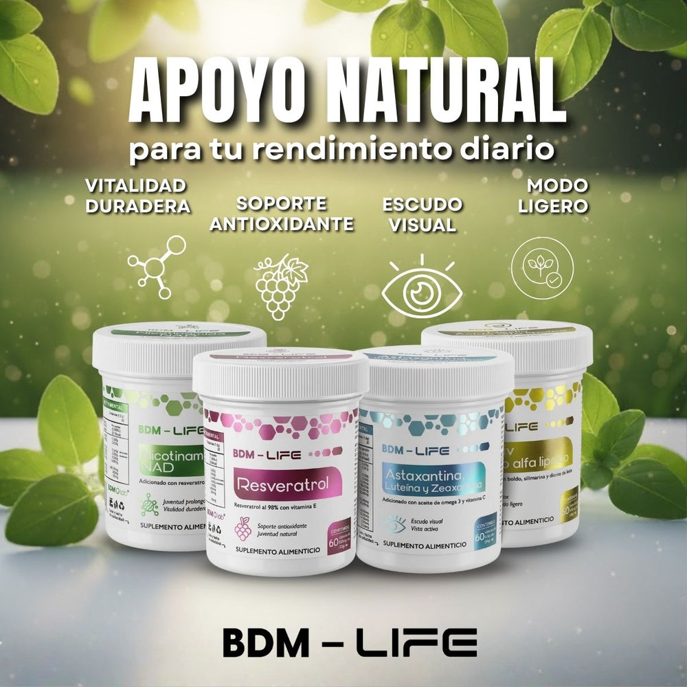 BDM Life Kit Resveratrol + Nicotinamida (NAD) + Astaxantina + DEXLIV, Suplemento Alimenticio Energía Celular y Antioxidante, Soporte Hepático - Juveternal