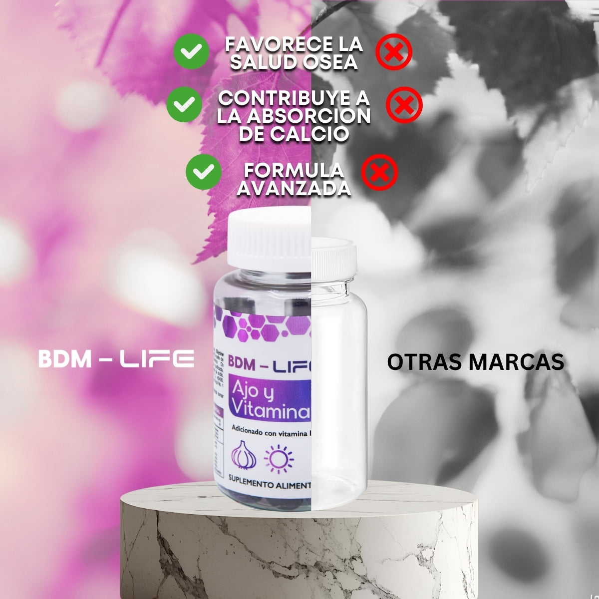 BDM-LIFE Ajo y Vitamina D3, Adicionado con Vitamina E, Suplemento Alimenticio, 60 Cápsulas, Apoyo al Bienestar y Salud Cardiovascular