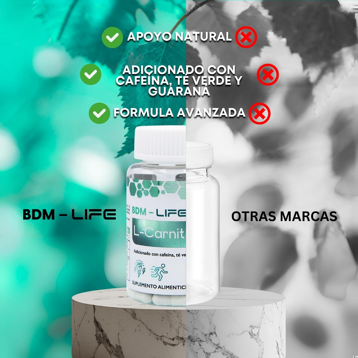 BDM-LIFE L-Carnitina con Cafeína, Té Verde y Guaraná, Energía y Metabolismo, Suplemento Alimenticio, 60 cápsulas