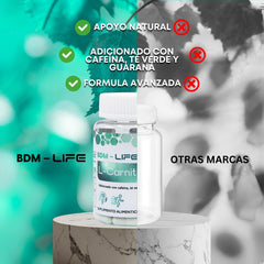 BDM-LIFE L-Carnitina con Cafeína, Té Verde y Guaraná, Energía y Metabolismo, Suplemento Alimenticio, 60 cápsulas - Juveternal