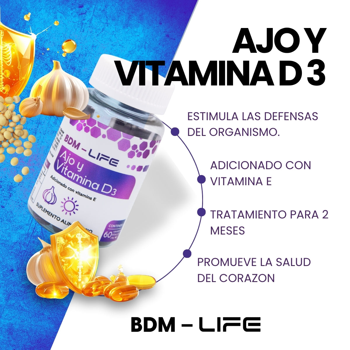 BDM-LIFE Ajo y Vitamina D3, Adicionado con Vitamina E, Suplemento Alimenticio, 60 Cápsulas, Apoyo al Bienestar y Salud Cardiovascular