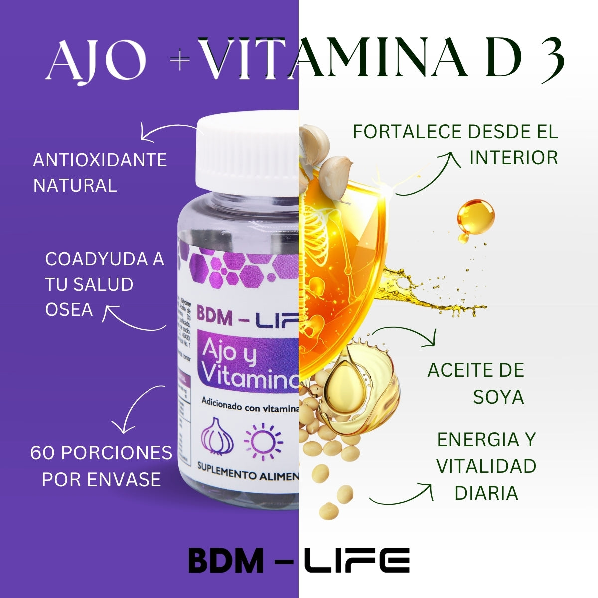 BDM-LIFE Ajo y Vitamina D3, Adicionado con Vitamina E, Suplemento Alimenticio, 60 Cápsulas, Apoyo al Bienestar y Salud Cardiovascular