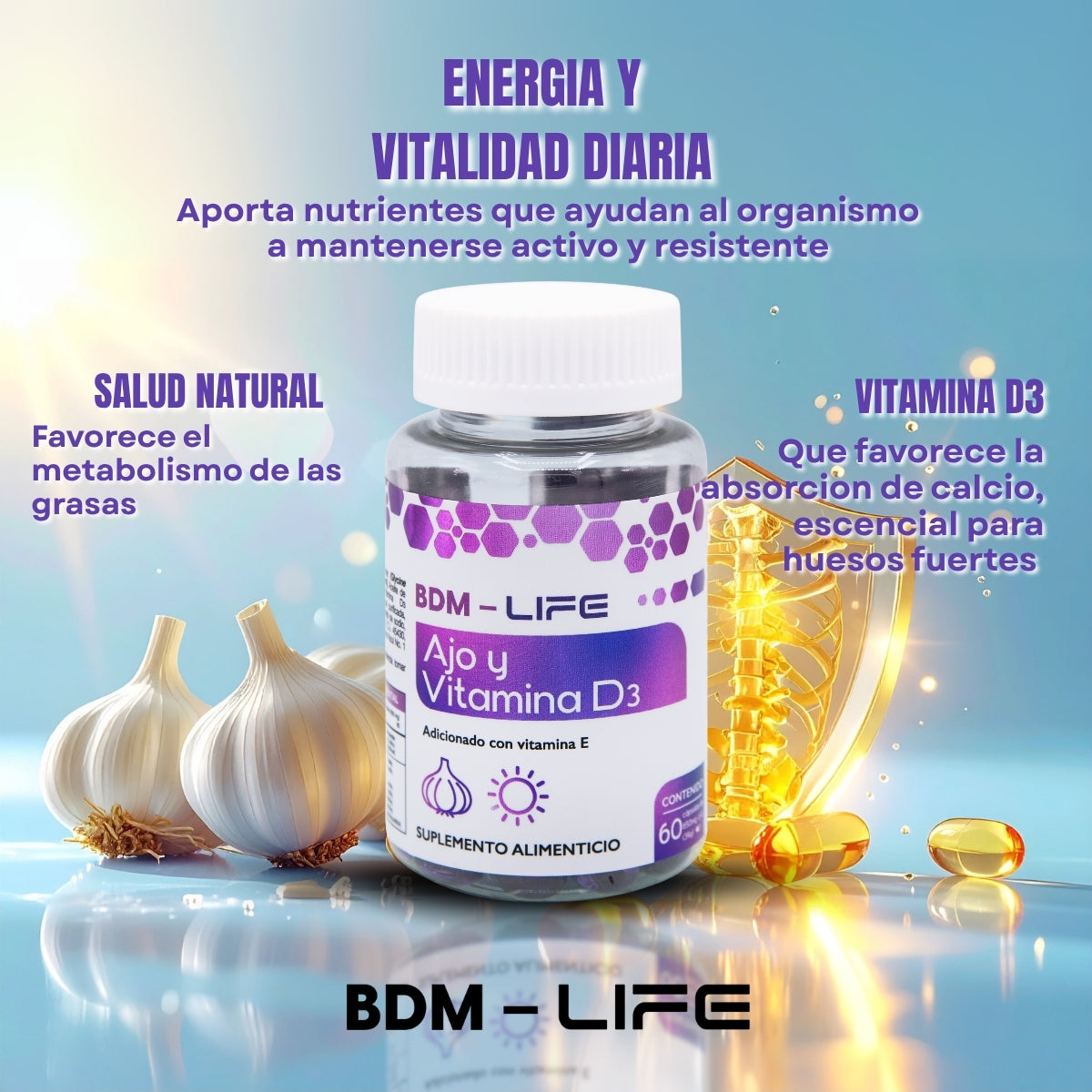 BDM-LIFE Ajo y Vitamina D3, Adicionado con Vitamina E, Suplemento Alimenticio, 60 Cápsulas, Apoyo al Bienestar y Salud Cardiovascular