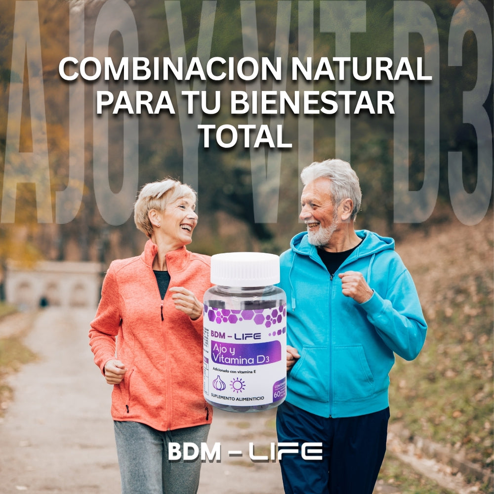BDM-LIFE Ajo y Vitamina D3, Adicionado con Vitamina E, Suplemento Alimenticio, 60 Cápsulas, Apoyo al Bienestar y Salud Cardiovascular - Juveternal