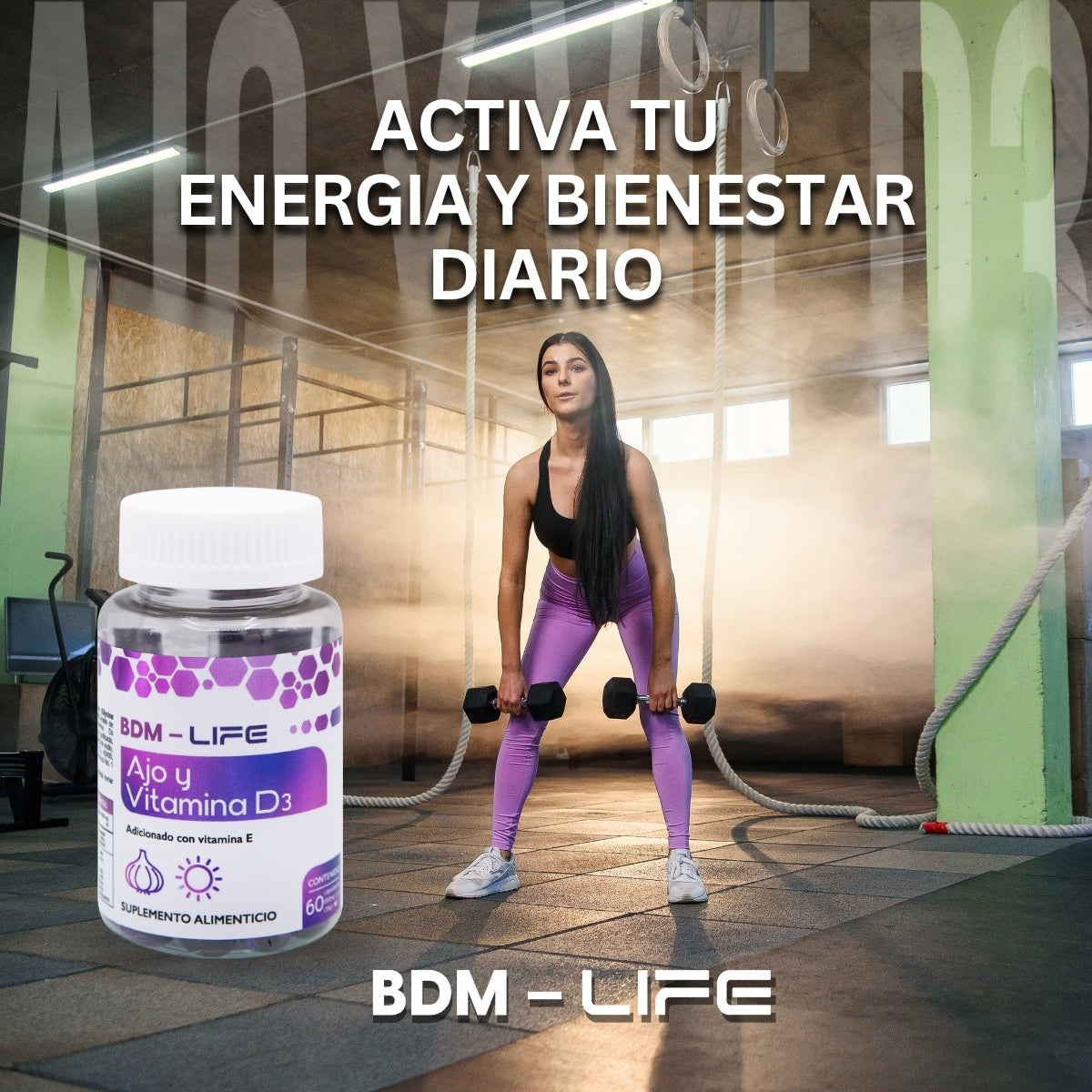 BDM-LIFE Ajo y Vitamina D3, Adicionado con Vitamina E, Suplemento Alimenticio, 60 Cápsulas, Apoyo al Bienestar y Salud Cardiovascular
