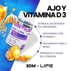 BDM-LIFE Ajo y Vitamina D3, Adicionado con Vitamina E, Suplemento Alimenticio, 60 Cápsulas, Apoyo al Bienestar y Salud Cardiovascular - Juveternal