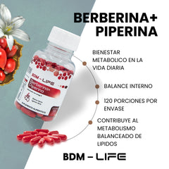 BDM LIFE Berberina + Piperina con Omega 9, Suplemento Alimenticio, 120 Cápsulas, Bienestar Metabólico y Energía - Juveternal