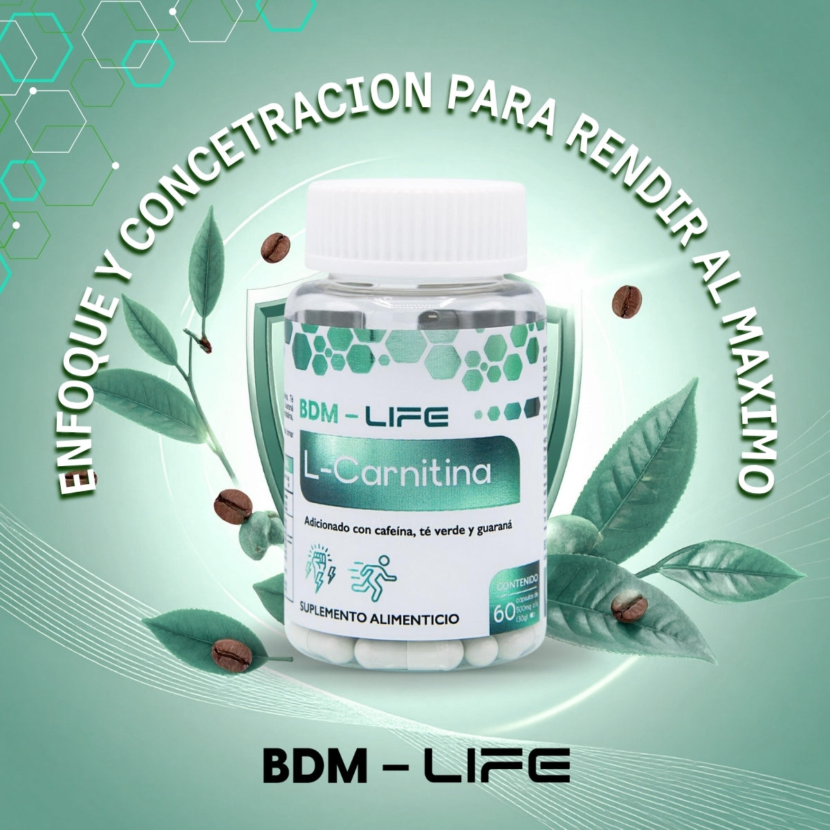 BDM-LIFE L-Carnitina con Cafeína, Té Verde y Guaraná, Energía y Metabolismo, Suplemento Alimenticio, 60 cápsulas