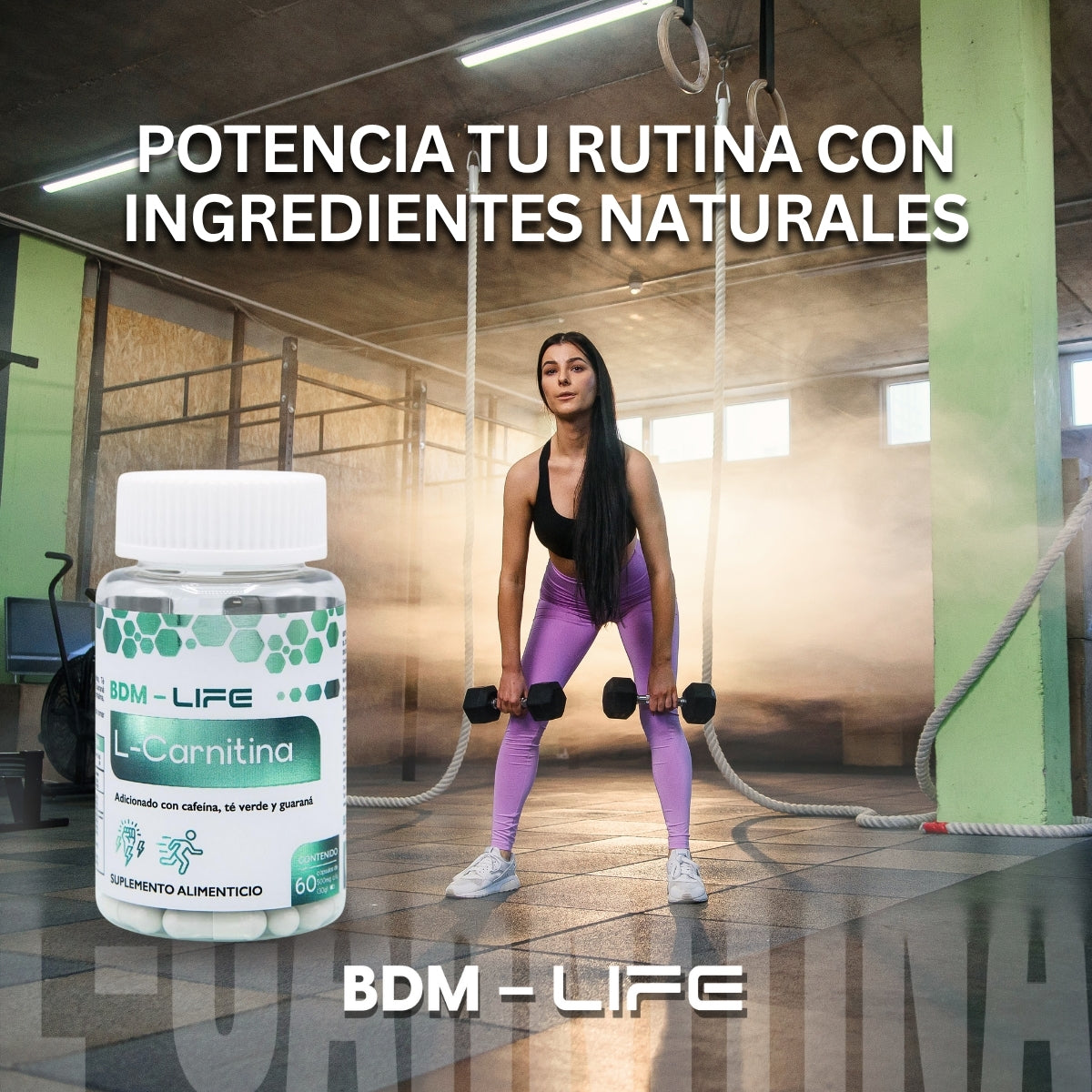 BDM-LIFE L-Carnitina con Cafeína, Té Verde y Guaraná, Energía y Metabolismo, Suplemento Alimenticio, 60 cápsulas