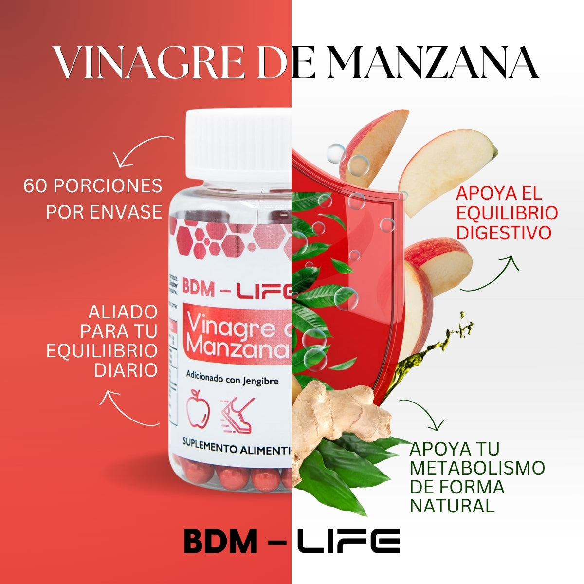 BDM-LIFE Vinagre de Manzana con Jengibre, Suplemento Alimenticio, Apoyo Digestivo y Metabolismo, 60 cápsulas