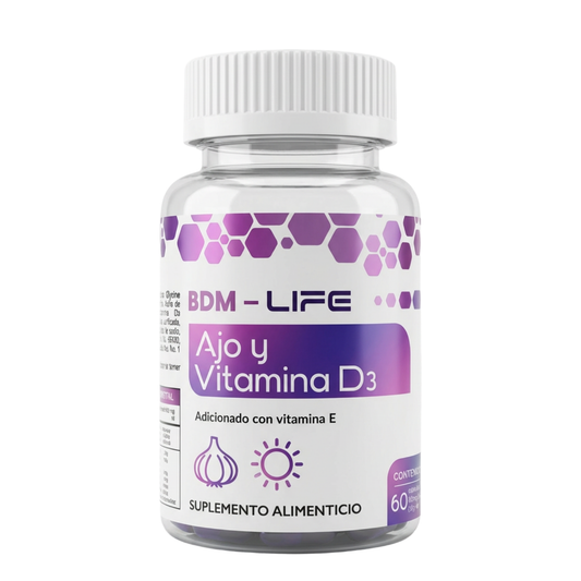 BDM-LIFE Ajo y Vitamina D3, Adicionado con Vitamina E, Suplemento Alimenticio, 60 Cápsulas, Apoyo al Bienestar y Salud Cardiovascular - Juveternal