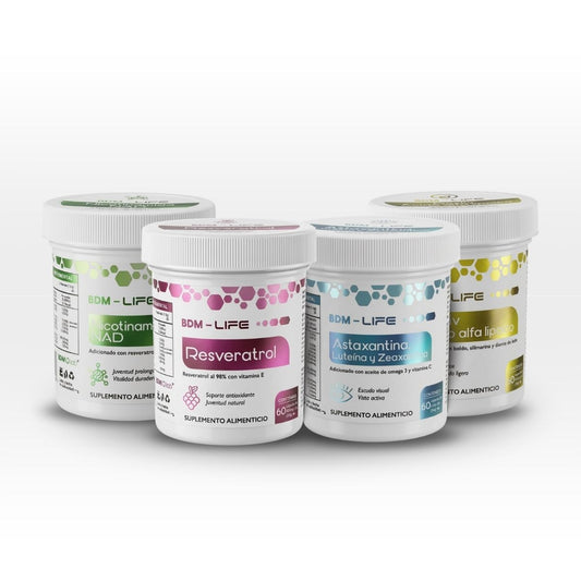 BDM Life Kit Resveratrol + Nicotinamida (NAD) + Astaxantina + DEXLIV, Suplemento Alimenticio Energía Celular y Antioxidante, Soporte Hepático - Juveternal