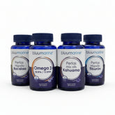 Kit Bluumarine Omega 3 6 9 + Aceite de Hígado de Bacalao + Oils Kahuama, Apoyo a Corazón, Cerebro, Piel y Defensas, ¡Incluye Perlas de Hígado de Tiburón Gratis! - Juveternal