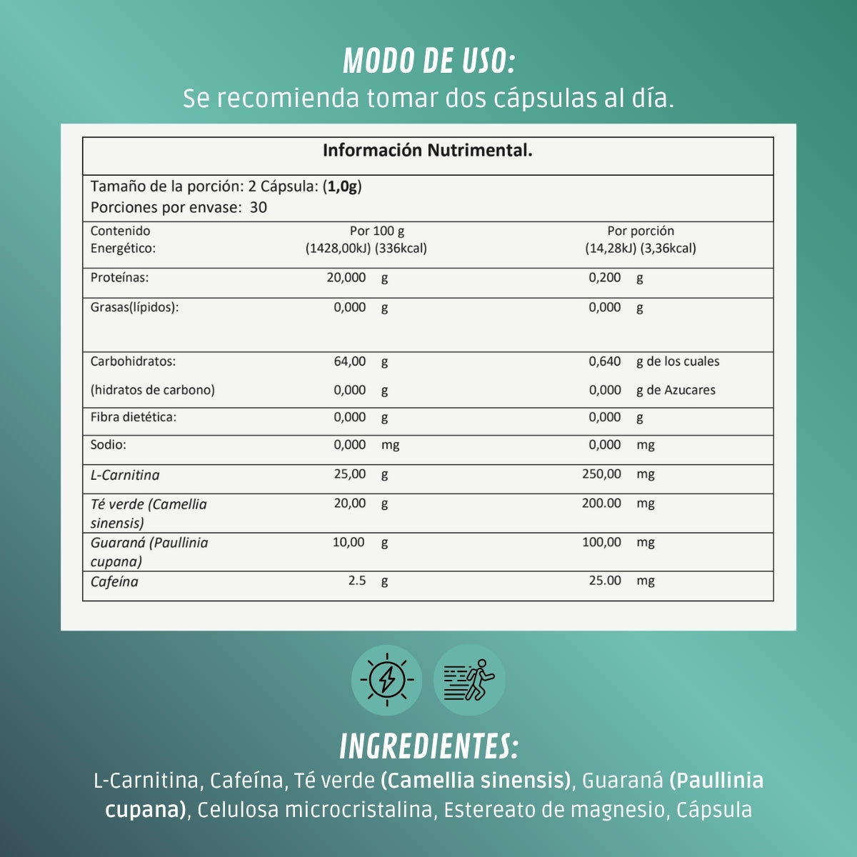 BDM-LIFE L-Carnitina con Cafeína, Té Verde y Guaraná, Energía y Metabolismo, Suplemento Alimenticio, 60 cápsulas
