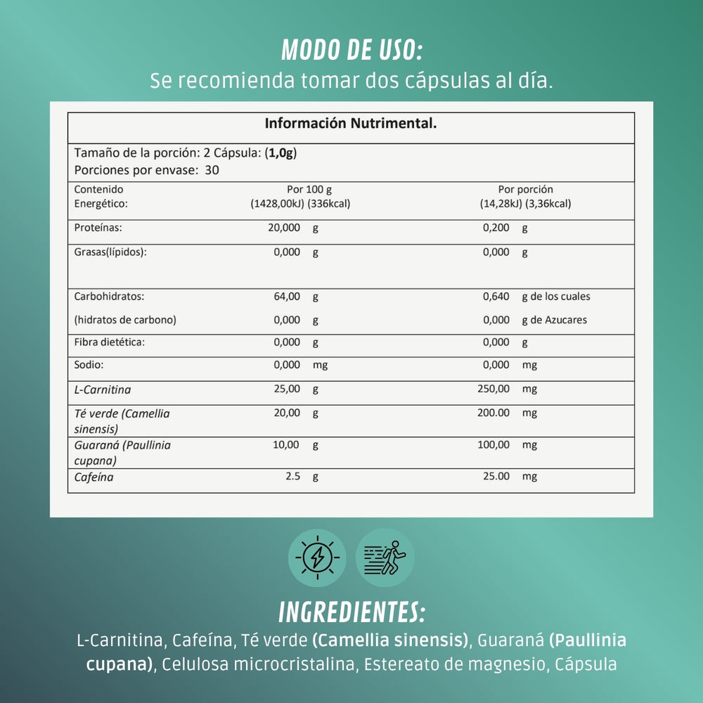 BDM-LIFE L-Carnitina con Cafeína, Té Verde y Guaraná, Energía y Metabolismo, Suplemento Alimenticio, 60 cápsulas - Juveternal