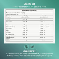 BDM-LIFE L-Carnitina con Cafeína, Té Verde y Guaraná, Energía y Metabolismo, Suplemento Alimenticio, 60 cápsulas - Juveternal