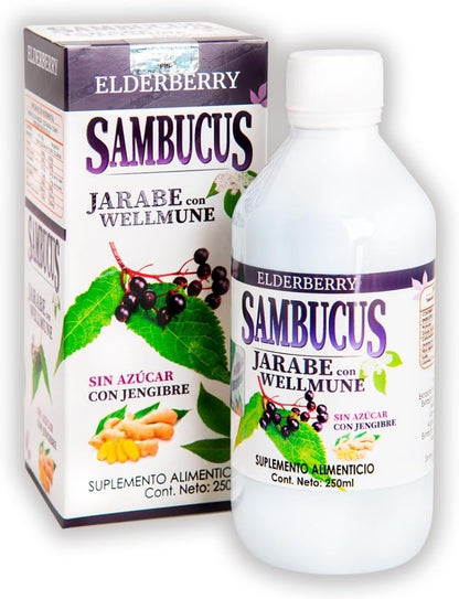 ANAHUAC Sambucus Jarabe con Wellmune, Suplemento Alimenticio, 250 ml, Sin Azúcar, con Jengibre y Vitamina C, Alivio Respiratorio Juveternal