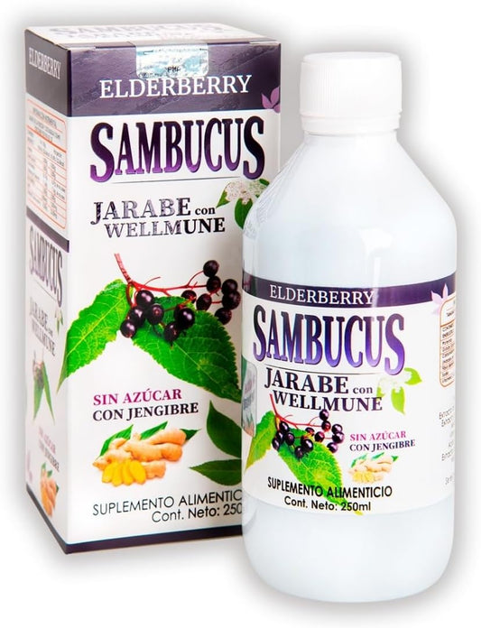 ANAHUAC Sambucus Jarabe con Wellmune, Suplemento Alimenticio, 250 ml, Sin Azúcar, con Jengibre y Vitamina C, Alivio Respiratorio Juveternal