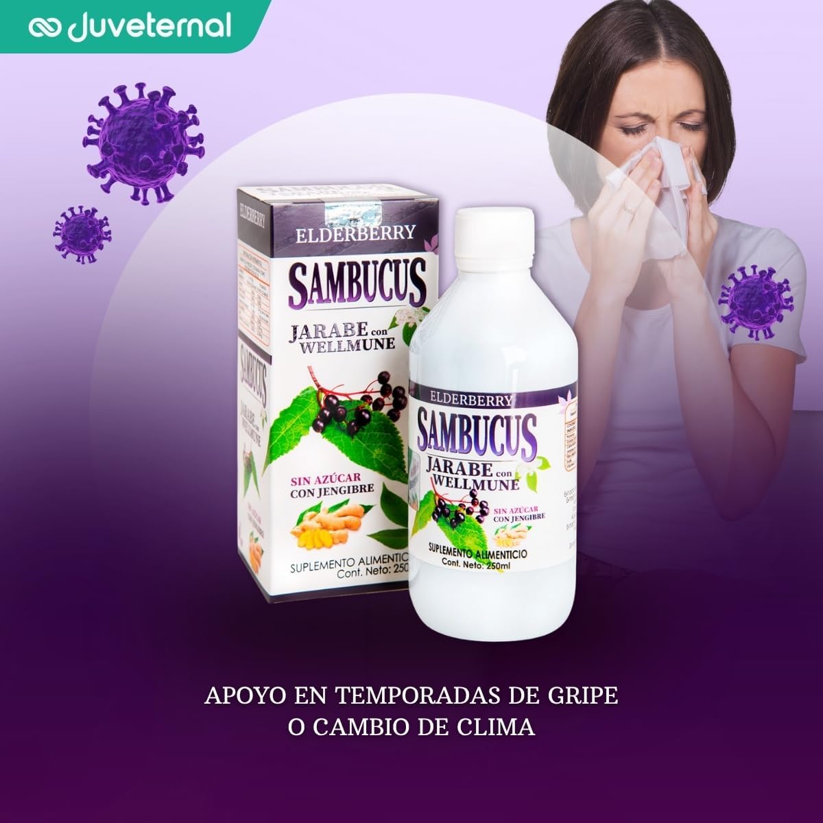 ANAHUAC Sambucus Jarabe con Wellmune, Suplemento Alimenticio, 250 ml, Sin Azúcar, con Jengibre y Vitamina C, Alivio Respiratorio Juveternal