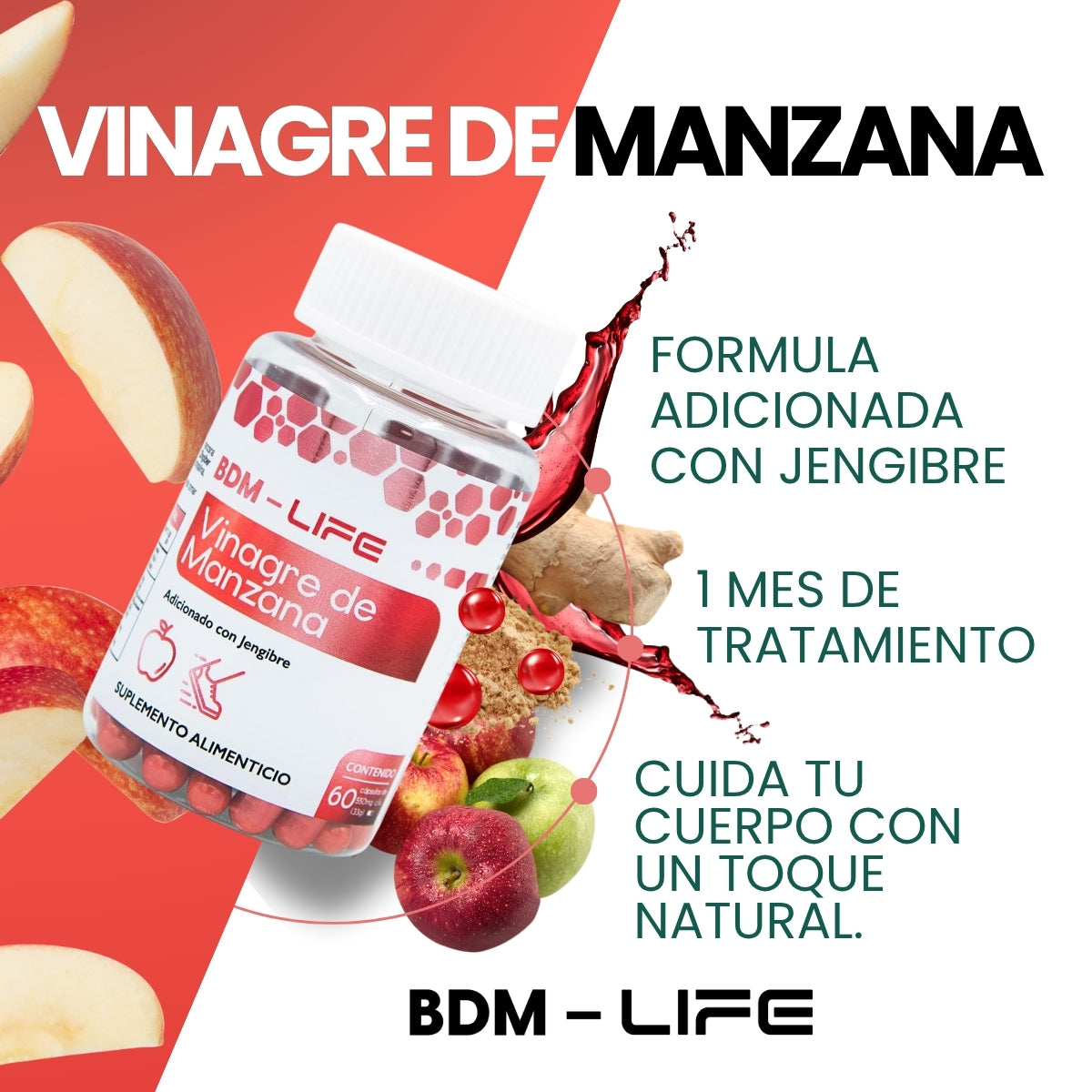 BDM-LIFE Vinagre de Manzana con Jengibre, Suplemento Alimenticio, Apoyo Digestivo y Metabolismo, 60 cápsulas