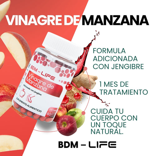 BDM-LIFE Vinagre de Manzana con Jengibre, Suplemento Alimenticio, Apoyo Digestivo y Metabolismo, 60 cápsulas