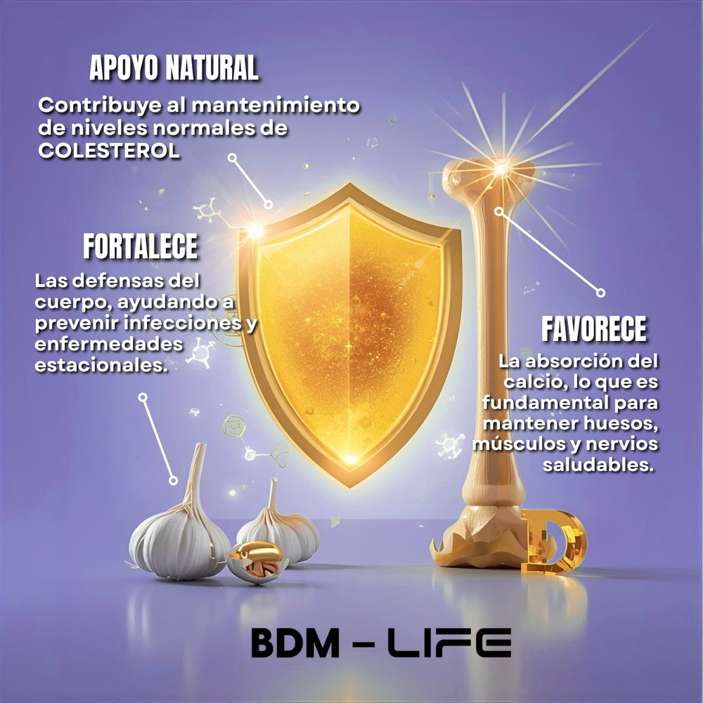 BDM-LIFE Ajo y Vitamina D3, Adicionado con Vitamina E, Suplemento Alimenticio, 60 Cápsulas, Apoyo al Bienestar y Salud Cardiovascular - Juveternal