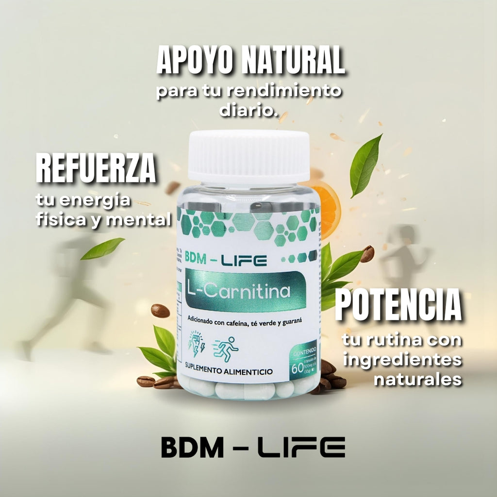 BDM-LIFE L-Carnitina con Cafeína, Té Verde y Guaraná, Energía y Metabolismo, Suplemento Alimenticio, 60 cápsulas