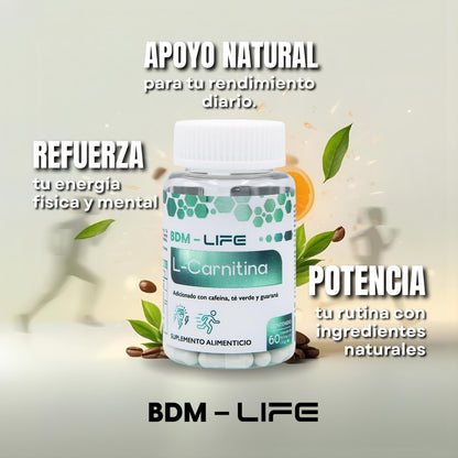 BDM-LIFE L-Carnitina con Cafeína, Té Verde y Guaraná, Energía y Metabolismo, Suplemento Alimenticio, 60 cápsulas - Juveternal