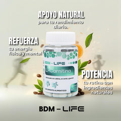 BDM-LIFE L-Carnitina con Cafeína, Té Verde y Guaraná, Energía y Metabolismo, Suplemento Alimenticio, 60 cápsulas - Juveternal