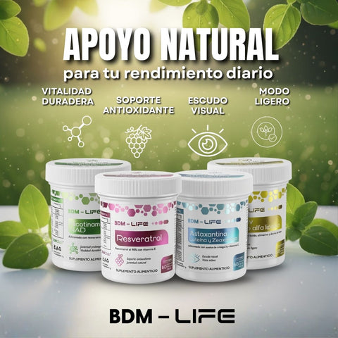 BDM Life Kit Resveratrol + Nicotinamida (NAD) + Astaxantina + DEXLIV, Suplemento Alimenticio Energía Celular y Antioxidante, Soporte Hepático - Juveternal