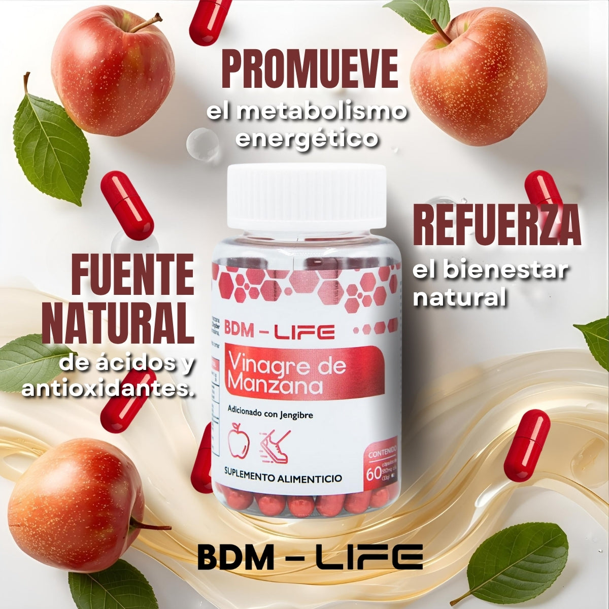 BDM-LIFE Vinagre de Manzana con Jengibre, Suplemento Alimenticio, Apoyo Digestivo y Metabolismo, 60 cápsulas