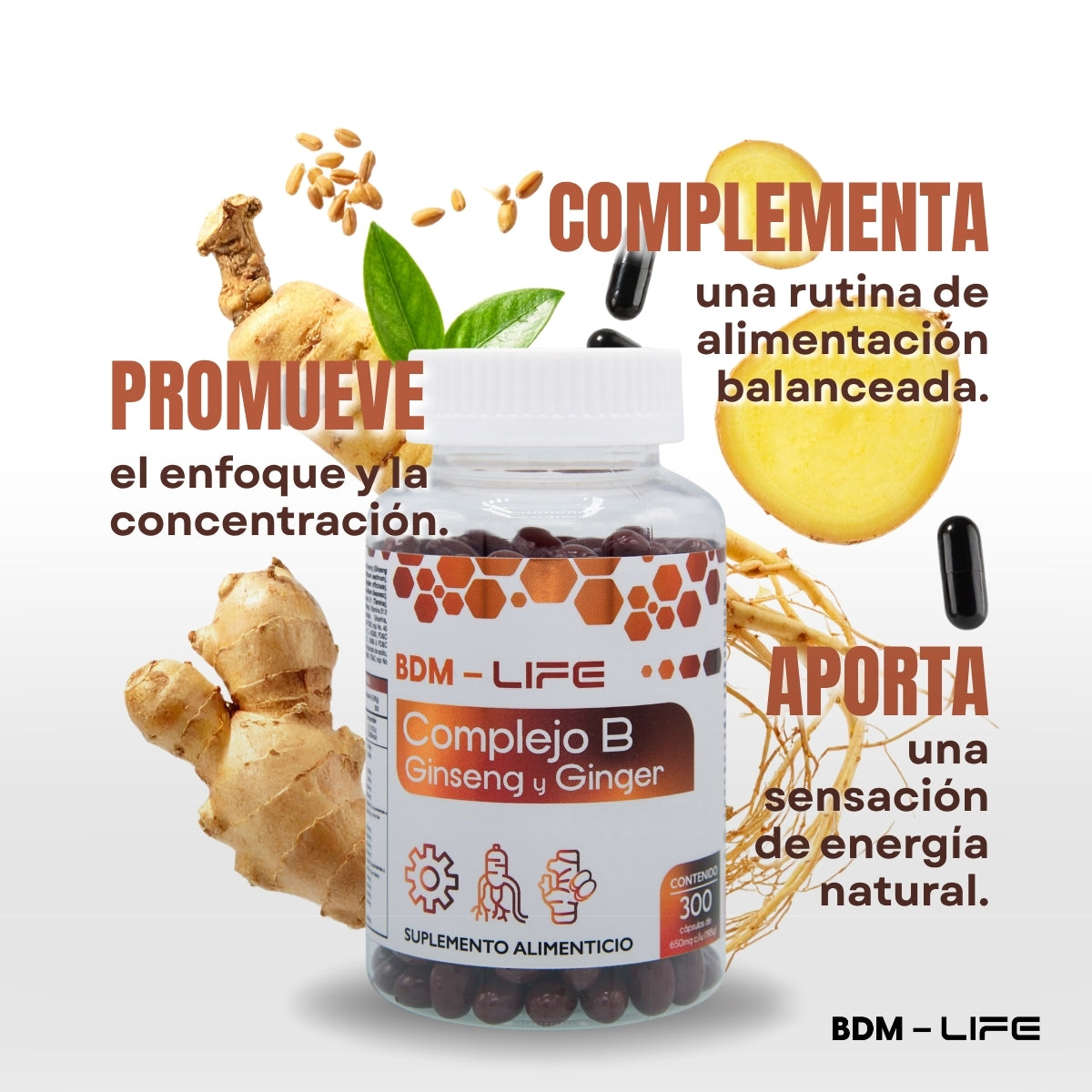 Bdm Life Complejo B Con Ginseng Y Ginger, 300 Capsulas - Sin Sabor