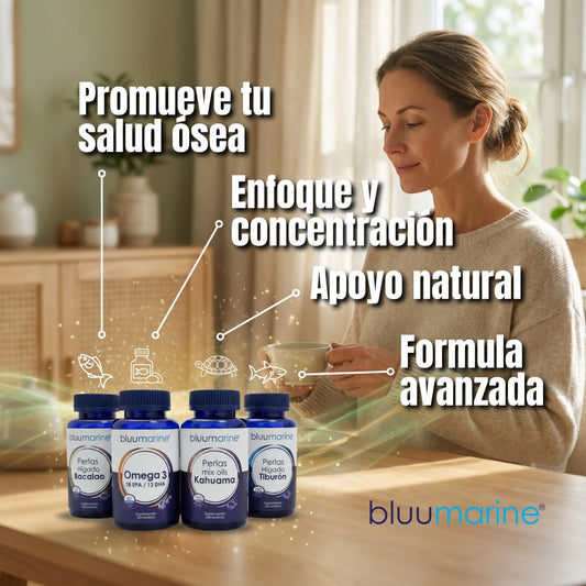 Kit Bluumarine Omega 3 6 9 + Aceite de Hígado de Bacalao + Oils Kahuama, Apoyo a Corazón, Cerebro, Piel y Defensas, ¡Incluye Perlas de Hígado de Tiburón Gratis! - Juveternal