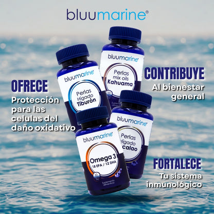 Kit Bluumarine Omega 3 6 9 + Aceite de Hígado de Bacalao + Oils Kahuama, Apoyo a Corazón, Cerebro, Piel y Defensas, ¡Incluye Perlas de Hígado de Tiburón Gratis! - Juveternal
