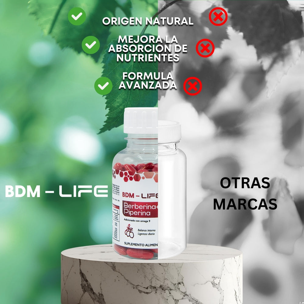 BDM LIFE Berberina + Piperina con Omega 9, Suplemento Alimenticio, 120 Cápsulas, Bienestar Metabólico y Energía - Juveternal