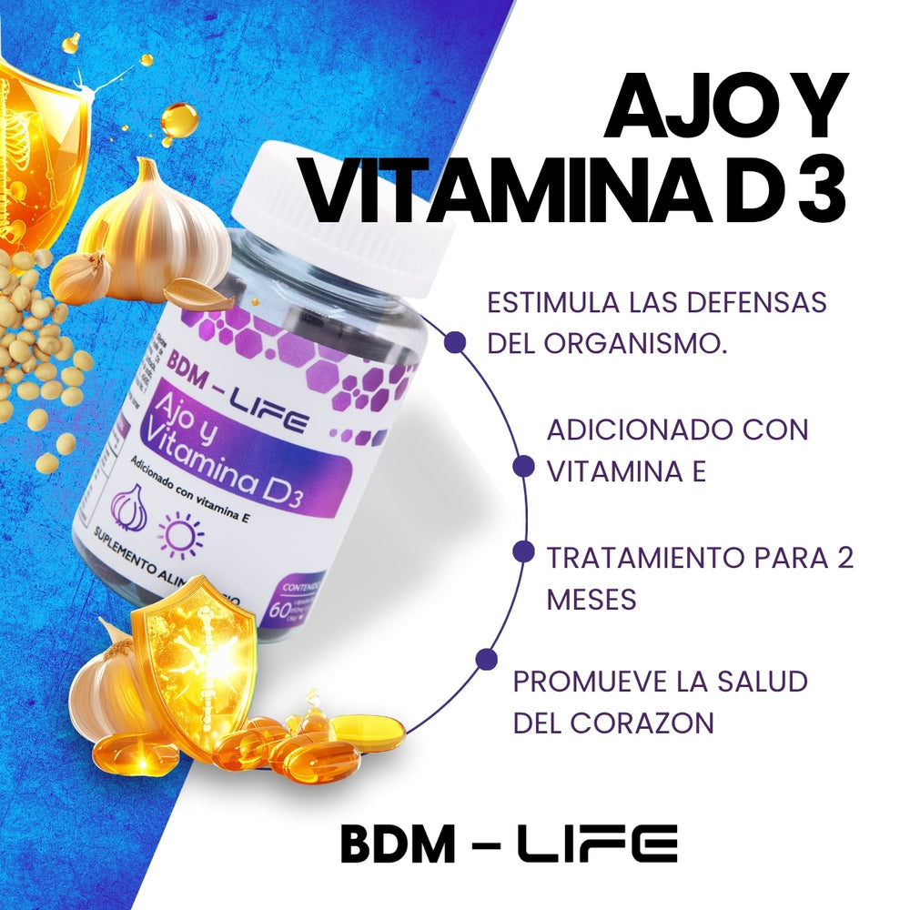 BDM-LIFE Ajo y Vitamina D3, Adicionado con Vitamina E, Suplemento Alimenticio, 60 Cápsulas, Apoyo al Bienestar y Salud Cardiovascular - Juveternal