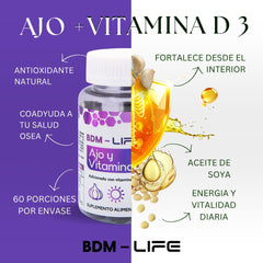BDM-LIFE Ajo y Vitamina D3, Adicionado con Vitamina E, Suplemento Alimenticio, 60 Cápsulas, Apoyo al Bienestar y Salud Cardiovascular - Juveternal