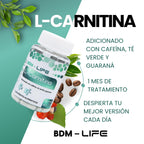 BDM-LIFE L-Carnitina con Cafeína, Té Verde y Guaraná, Energía y Metabolismo, Suplemento Alimenticio, 60 cápsulas