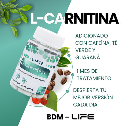 BDM-LIFE L-Carnitina con Cafeína, Té Verde y Guaraná, Energía y Metabolismo, Suplemento Alimenticio, 60 cápsulas - Juveternal
