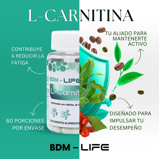 BDM-LIFE L-Carnitina con Cafeína, Té Verde y Guaraná, Energía y Metabolismo, Suplemento Alimenticio, 60 cápsulas - Juveternal