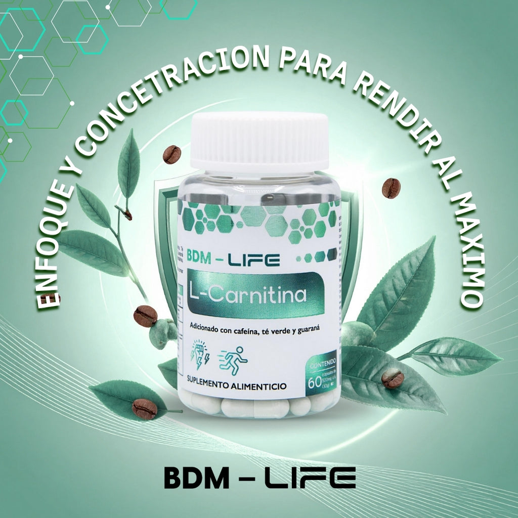 BDM-LIFE L-Carnitina con Cafeína, Té Verde y Guaraná, Energía y Metabolismo, Suplemento Alimenticio, 60 cápsulas