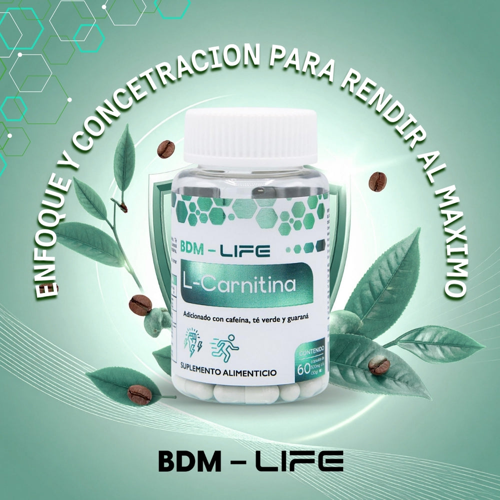BDM-LIFE L-Carnitina con Cafeína, Té Verde y Guaraná, Energía y Metabolismo, Suplemento Alimenticio, 60 cápsulas - Juveternal