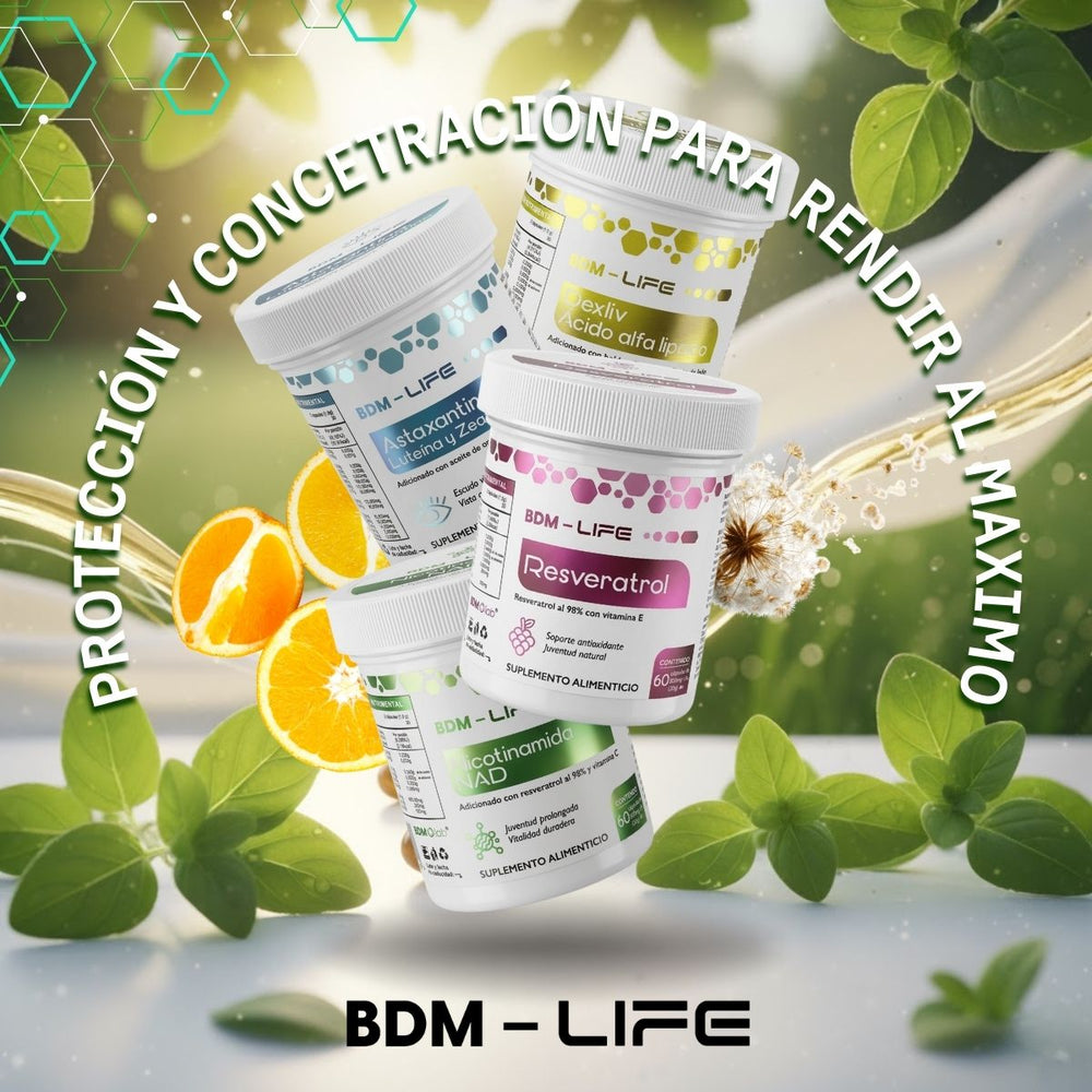 BDM Life Kit Resveratrol + Nicotinamida (NAD) + Astaxantina + DEXLIV, Suplemento Alimenticio Energía Celular y Antioxidante, Soporte Hepático - Juveternal