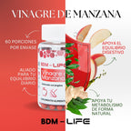 BDM-LIFE Vinagre de Manzana con Jengibre, Suplemento Alimenticio, Apoyo Digestivo y Metabolismo, 60 cápsulas