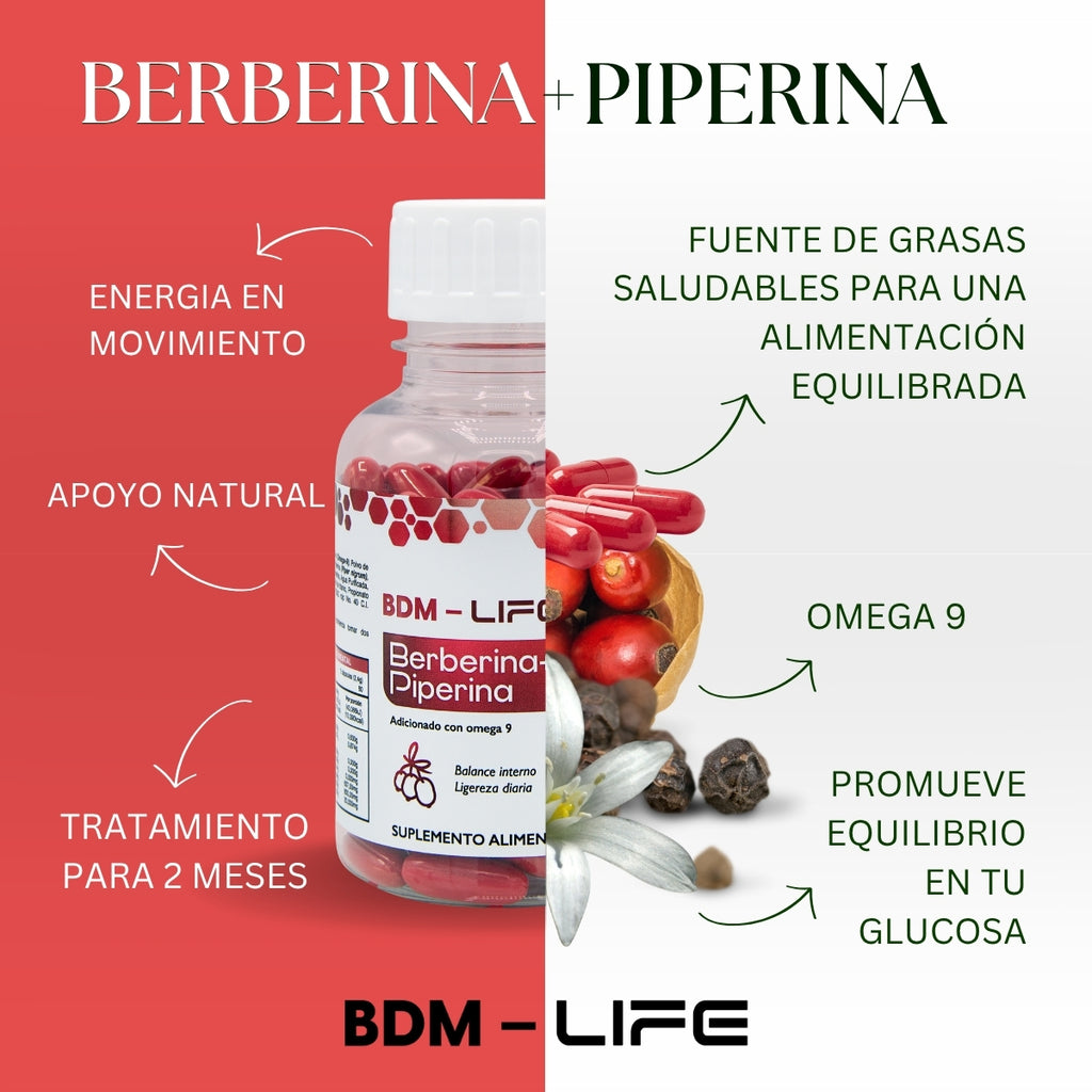 BDM LIFE Berberina + Piperina con Omega 9, Suplemento Alimenticio, 120 Cápsulas, Bienestar Metabólico y Energía