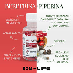BDM LIFE Berberina + Piperina con Omega 9, Suplemento Alimenticio, 120 Cápsulas, Bienestar Metabólico y Energía - Juveternal