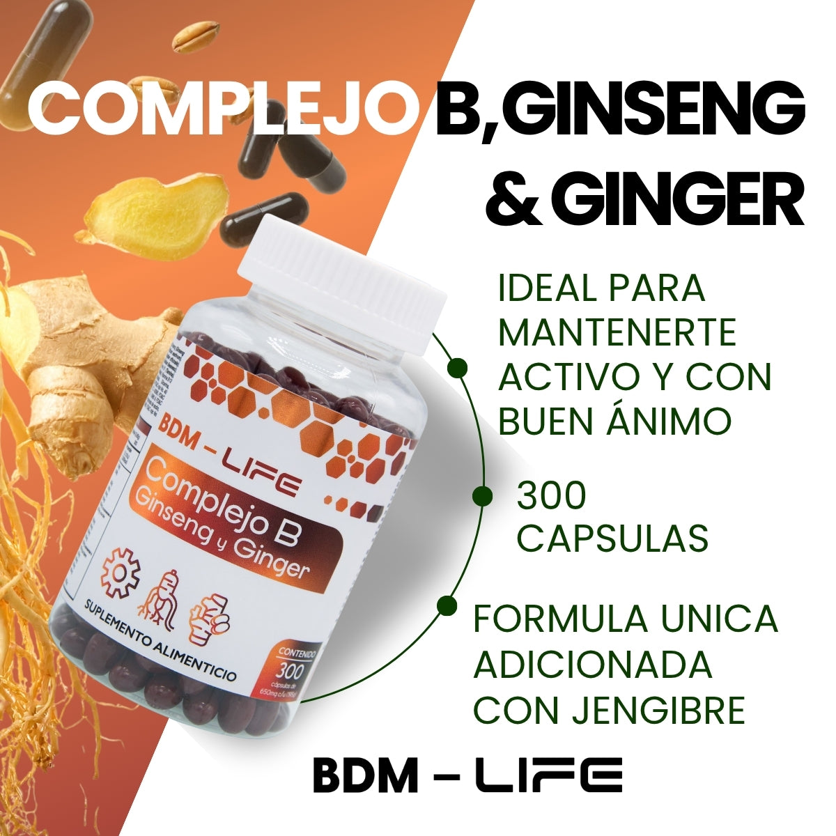 Bdm Life Complejo B Con Ginseng Y Ginger, 300 Capsulas - Sin Sabor