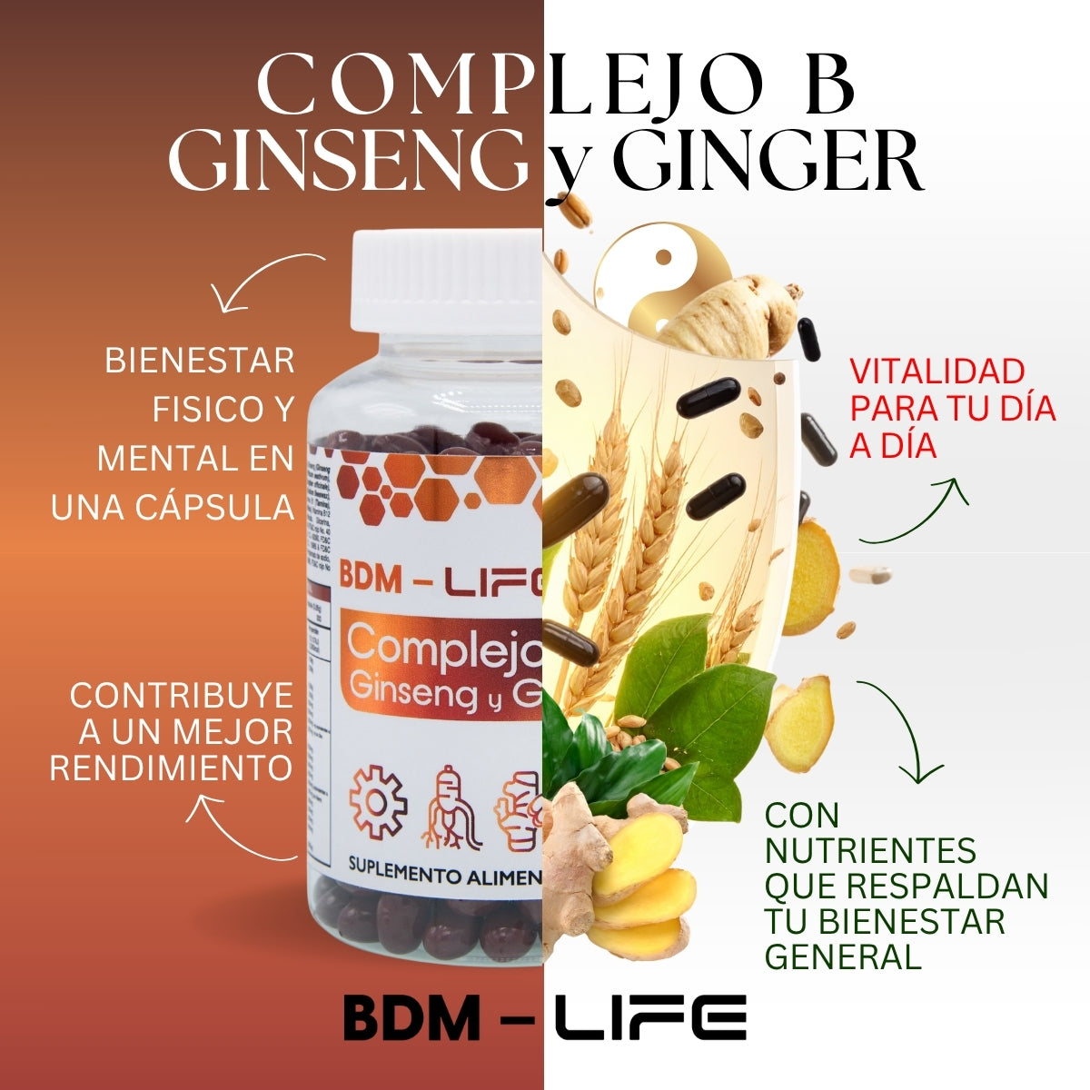 Bdm Life Complejo B Con Ginseng Y Ginger, 300 Capsulas - Sin Sabor